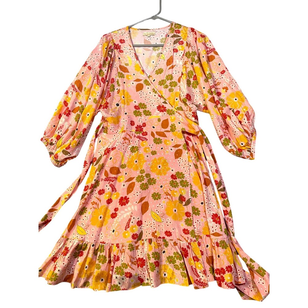 BY TIMO Floral Wrap Dress Boho Romantic Pink Coral Dress SIZE M